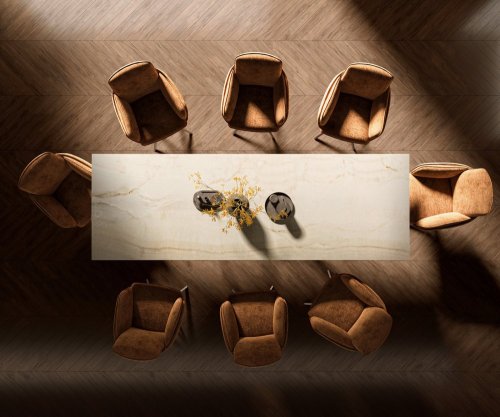 Jedálenský stôl Edge 300x100 keramika Laminam® Onice Oro nerezová oceľ