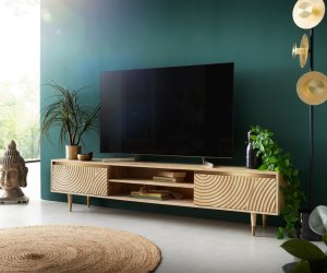 TV stolek Budaya mango přírodní 200 cm 2 dvířka 2 přihrádky podnož