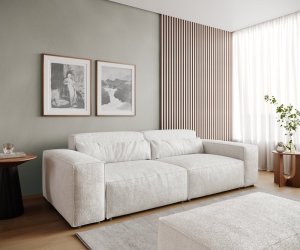 Veľká pohovka Sirpio 230x95 cm bouclé bielo-krémová s taburetom