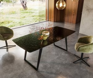 Jedálenský stôl Edge zaoblený tvar 200x100 reliéfne sklo dymovo čierna