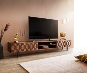 TV stolek Fevo 240 cm akácie hnědá 4 dvířka podnož ve tvaru "L"