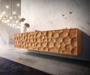 TV stolek Solu 175 cm přírodní akácie 2 dvířka 2 zásuvky 3D