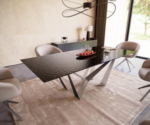 Jídelní stůl Edge 180-220x100 sklo s reliéfem kouřově černé 3D design