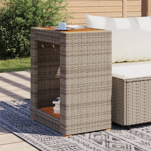 Zahradní stolek s dřevěnou deskou šedý 60x40x75 cm polyratan