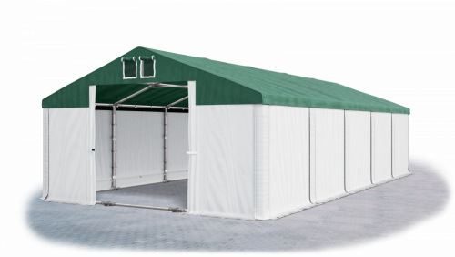 Skladový stan 5x10x2,5m střecha PVC 560g/m2 boky PVC 500g/m2 konstrukce ZIMA PLUS - Barva střešní plachty: Zelená, Barva boční plachty: Bílá, Barva svislých pruhů: Bílá