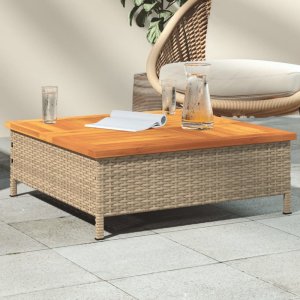 Zahradní stolek béžový 70 x 70 x 25 cm ratan a akáciové dřevo