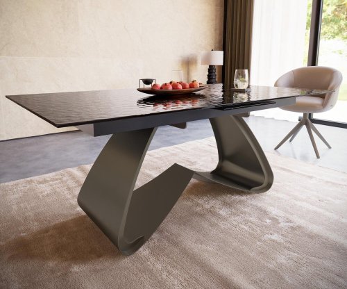 Jídelní stůl Edge 180-220x100 sklo s reliéfem kouřově černé 3D design