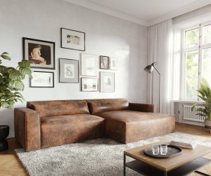 Rohová pohovka Brom 265x150 cm koženka hnědá lenoška pravá