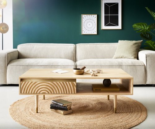 Konferenční stolek Budaya mango přírodní 115x60 cm 2 zásuvky 1