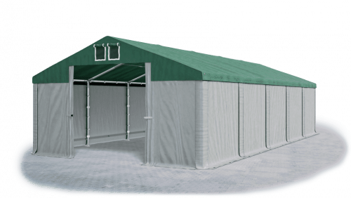 Skladový stan 5x10x2,5m střecha PVC 560g/m2 boky PVC 500g/m2 konstrukce ZIMA PLUS - Barva střešní plachty: Zelená, Barva boční plachty: Šedá, Barva svislých pruhů: Šedá