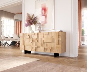 Príborník Puzzle 175 cm prírodný dub 3 dvierka podstavec kov čierny