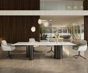 Jedálenský stôl Edge 300x100 keramický Calacatta Luxe bielo-zlato-šedý