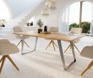 Jídelní stůl Edge 200x100x2,5 dub přírodní nerezová ocel šikmý Live