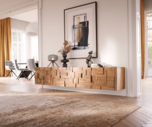 TV stolek Puzzle 220 cm přírodní akácie 4 dvířka závěsné