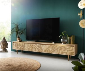TV stolek Budaya mango přírodní 220 cm 4 dvířka kulatá podnož