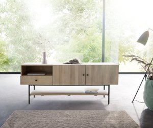 TV stolek Nessa 160x40 cm mango bílá 1 zásuvka 2 dvířka černý kov