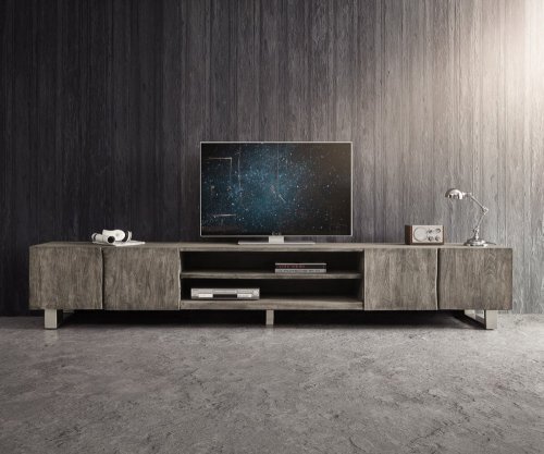 TV stolek Live Edge 300 cm akácie platina 4 dvířka 2 přihrádky