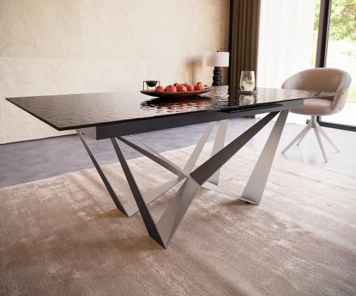 Jedálenský stôl Edge 180-220x100 reliéfne sklo dymovo čierna 3D dizajn