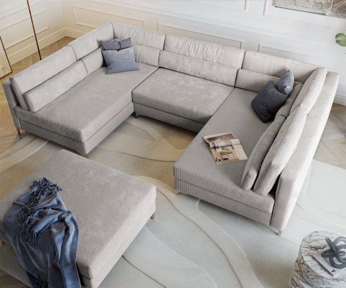 Pohovka ve tvaru "U" Elio 300x185 cm manšestr stříbrnošedá s taburetem