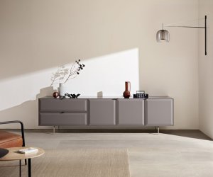 TV stolík Marellia 220 cm sivá 3 dvierka 2 zásuvky podstava v tvare