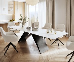 Jídelní stůl Edge 300x100cm Laminam® keramika bílá podnož ve tvaru "V"