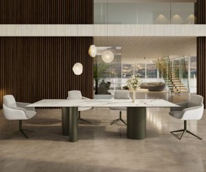 Jedálenský stôl Edge 300x100 keramický Calacatta Luxe bielo-zlato-šedý