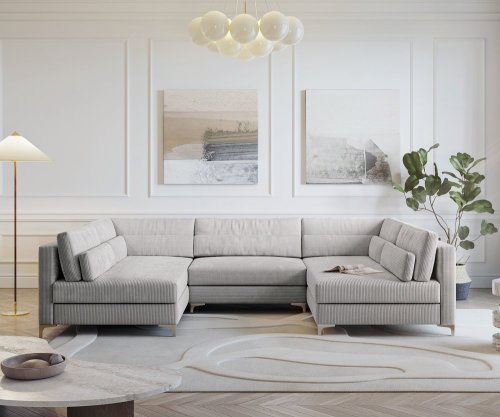 Pohovka ve tvaru "U" Elio 300x185 cm manšestr stříbrnošedá s taburetem