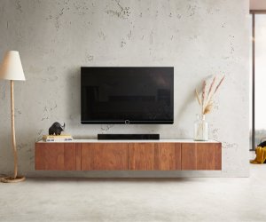 TV stolek Secara 200 cm akácie hnědá 4 dvířka mramor závěsné
