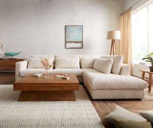 Rohová pohovka Isla 330 x 225 cm manšestrová béžová lenivá pohovka