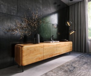 TV stolík Shavani 220 cm akácia prírodná 4 dvierka okrúhla kovová