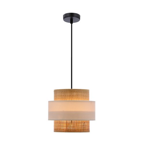 Závesná lampa z ratanu s tienidlom E27, biela+krémová