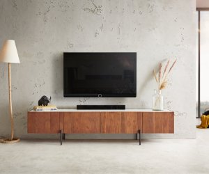 TV stolek Secara 200 cm akácie hnědá 4 dvířka mramorová podnož černá