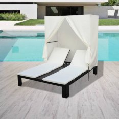 vidaXL Dvojité opalovací lehátko se závěsy, černý polyratan