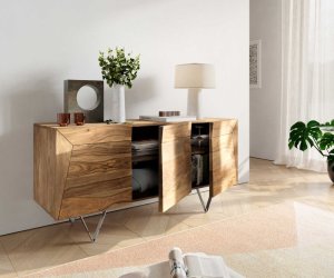 Komoda Wyatt 150 cm sheesham přírodní 3D design nerezová ocel