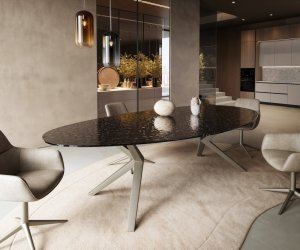 Jedálenský stôl Edge oválny 280x130 reliéfne sklo dymovo čierna 3D