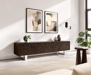 TV stolík Follia 200 cm mango hnedá 4 dvierka tenká podstava nerezová