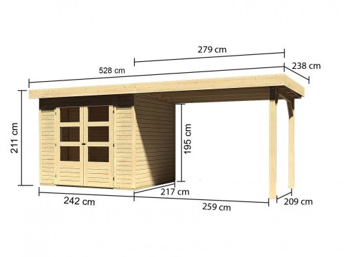 Dřevěný zahradní domek s přístavkem 528 x 238 cm Dekorhome