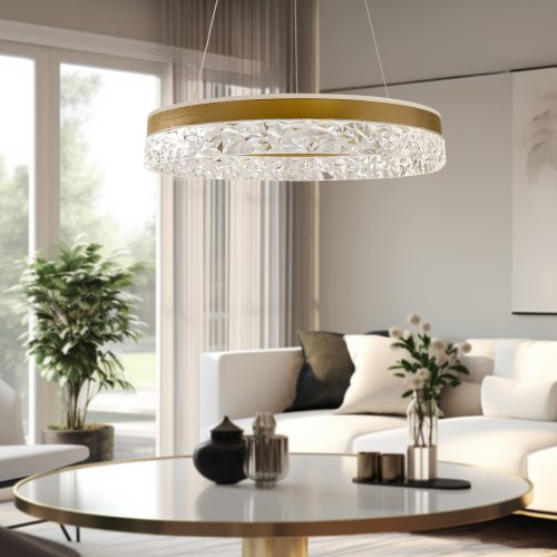 Okouzlující závěsná lampa FROZI – zlaté stínidlo s krystaly – elegantní a moderní LED osvětlení obývacího pokoje