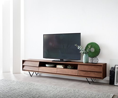 TV stolek Eloi 240x35 cm akácie hnědá 2 dvířka 2 zásuvky podnož ve