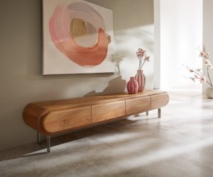 TV stolek Sohara 175 cm akácie přírodní 4 dvířka podnož ve tvaru