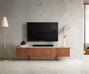 TV stolek Secara 175 cm akácie hnědá 4 dvířka mramorová podnož