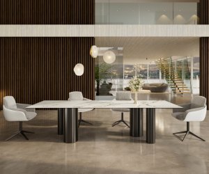 Jedálenský stôl Edge 300x100 Keramický stôl Calacatta Luxe bielo