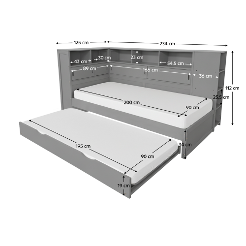 Posteľ s regálmi a prístelkou LENDON