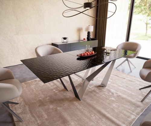 Jedálenský stôl Edge 180-220x100 reliéfne sklo dymovo čierna 3D dizajn