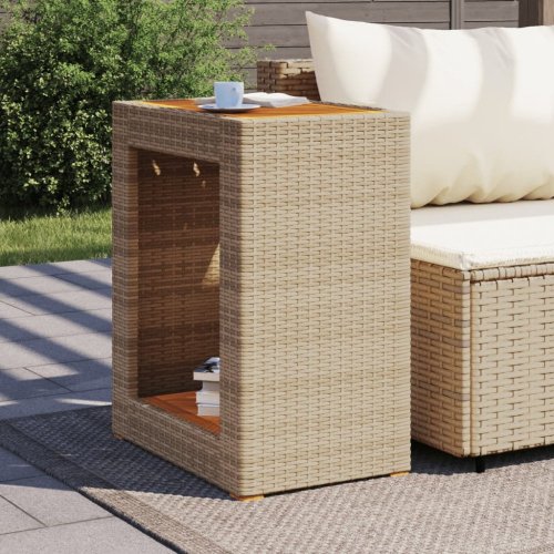 Zahradní stolek s dřevěnou deskou béžový 60x40x75 cm polyratan