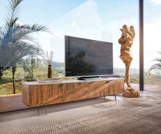 TV stolík Bahan 200 cm mango teak 4 dvierka mramorová doska biela