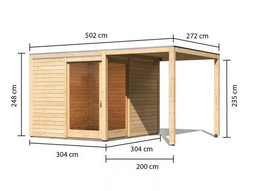 Dřevěný zahradní domek s přístavkem 502 x 304 cm Dekorhome - BAREVNÁ VARIANTA: Šedá