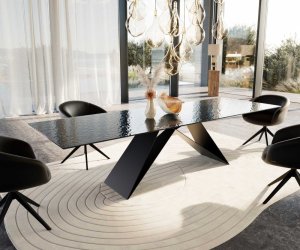 Jídelní stůl Edge 300x100 Reliéfní sklo kouřově černá 3D design podnož