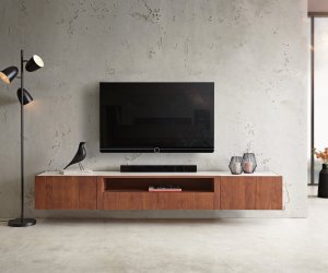 TV stolek Secara 220 cm akácie hnědá 2 dvířka 2 zásuvky mramor závěsné