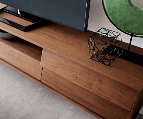 TV stolek Eloi 200x35 cm akácie hnědá 2 dvířka 1 zásuvka závěsné